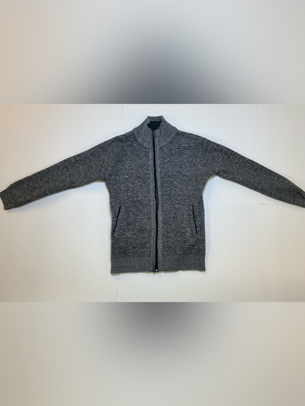 Men’s Gray Marled Full Zip Sweater Jacket Plaid Fleece Lined Size S